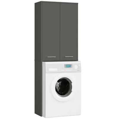 A washing machine with a gray cabinet on top, isolated on a white background.