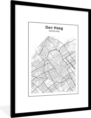 Produktbild von MuchoWow® Gerahmtes Poster Stadtplan - Den Haag - Schwarz und Weiß 60x80 cm - Poster mit Schwarzem Bilderrahmen Wandposter Rahmen Foto Bilder - Wohnzimmer - Dekorationen - Prämie