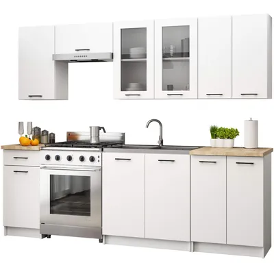 Produktbild von Küchenzeile 240cm mit Vitrine H720 Arbeitsplatte 11 Türen 1 Schublade 7 Einheiten