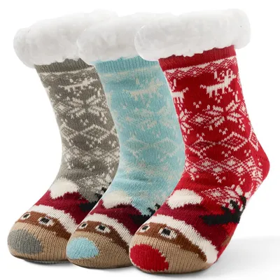 Produktbild von Kindersocken 3 Paar Dicke Wintersocken Jungen Mädchen Haussocken Antirutsch Warme Kuschelsocken 23-31/3-10 Jahre Mix Schneeflocke Rehe