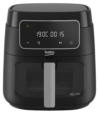 A black Beko air fryer with a digital display and a handle.