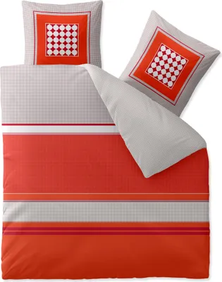 A bedding set including a duvet cover and pillowcases, laid out flat.