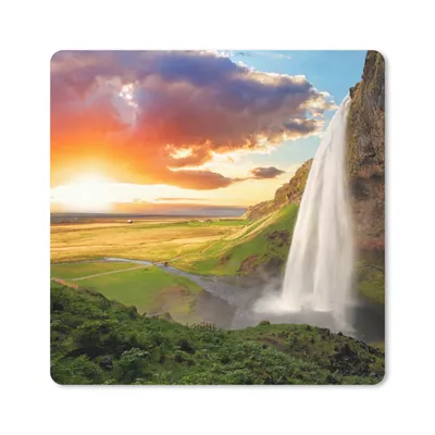 Produktbild von MuchoWow® Mauspad Mousepad Wasserfall - Felsen - Sonnenuntergang - Berge - Orange 20x20 cm - Mousepads - Maus Mat - Pad - Mausunterlage - Desk Mat - Bureauartikeln