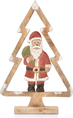 Produktbild von Weihnachtsdeko Holzfigur Weihnachtsmann im Baumrahmen 46 cm handbemalt aus Mangoholz winterliche Dekoration festliche Holzfigur in Naturoptik