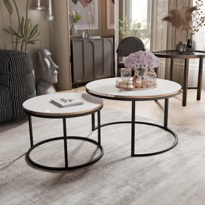 Produktbild von Idohome - Runder Couchtisch 2in1 LAVO mit Metalgestell, 80x48 cm+60x42 cm (Ø x H) Farbe: Schwarz / Weiß Hochglanz + Gold