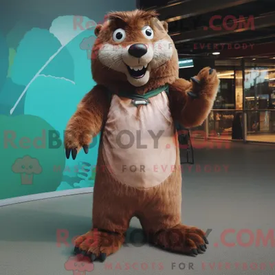 Immagine prodotto di Personaggio mascotte REDBROKOLY di un castoro vestito con body e cuscinetti per i piedi
