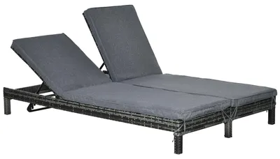 Image de Chaise longue en polyrotin pour 2 personnes, dossier à 5 positions, gris