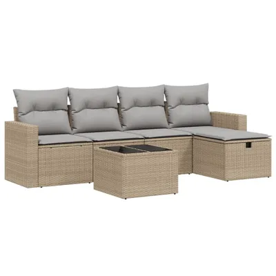 Imagen del producto de Conjunto de sofá de jardín de 6 piezas con cojines, color beige, fabricado en polirratán