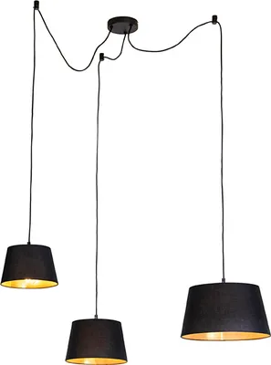 Produktbild von QAZQA - Klassisch I Antik Hängelampe I Pendellampe I Puristische Pendelleuchte mit 3-flammig Baumwollschirmen schwarz mit Gold I Messing - Cava I Wohnzimmer I Schlafzimmer - Textil Zylinder I Länglich