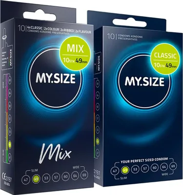 Produktbild von MY.SIZE Mix SET Größe 2, 49 mm: 10 Classic Kondome + 10 Kondome in 4 aufregenDen Sorten, mit Aroma, Farbe, Genoppt & Classic