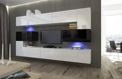 Obrázok produktu pre Furnitech Obývacia stena - Nábytok do obývačky s LED modrou - Závesná zostava Moderné - Police a TV skrinka (Albánsko AN3-17BW-HG25 1A)