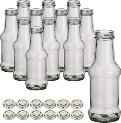 Produktbild von gouveo 12er Set Glasflasche 250 ml Barbecue mit Schraubdeckel TO38 silberfarben - Kleine Glasflasche 0,25 l mit Schraubverschluss - Saftflasche