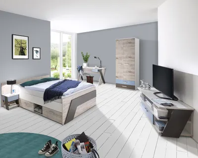 Produktbild von Jugendzimmer Komplett-Set mit Bett 140x200 cm mit Kleiderschrank LEEDS-10 in Sandeiche Nachbildung mit weiß, Lava und Denim Blau