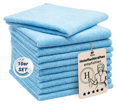 A stack of light blue microfiber cloths.