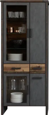 A tall, narrow cabinet with glass doors and wooden drawers.