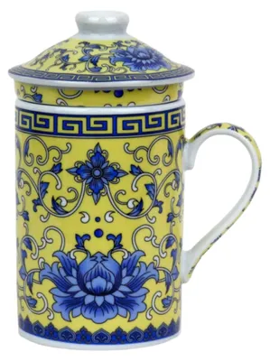 Produktbild von Keramik Teetasse mit Deckel + Sieb für Losen Tee mit (Blaue Seerose, 500), Asiatisches Motiv, Porzellan, Tee-Becher