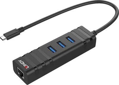 Produktbild von Lindy 43249, USB 3.2 Gen 1 (3.1 Gen 1) Type-C, RJ-45, USB 3.2 Gen 1 (3.1 Gen 1) Type-A, 5000 Mbit/s, Schwarz, Kunststoff, 0,26 m