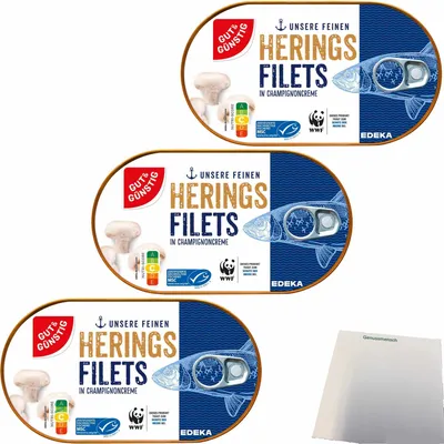 Produktbild von Gut & Günstig Heringsfilets in Champignoncreme mit Champignonstückchen 3er Pack (3x200g Dose) + usy Block