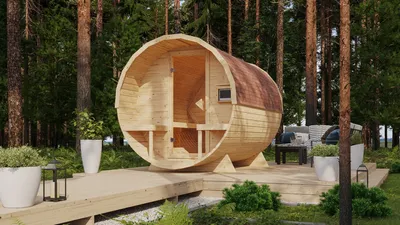 Produktbild von Karibu Saunahaus Außensauna Saunafass Fasssauna 2 unbehandelt Ofen 9 kW  externe Strg easy 38mm Massivholz 224x299x229 cm