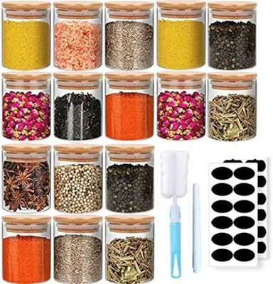 Productafbeelding van Unyqoos® Set van 16 voorraadpotten, 300 ml – Luchtdichte kruidenpotten van borosilicaatglas met bamboe-siliconen deksels, Ø 6,5 x 10 cm, inclusief labels en borstel
