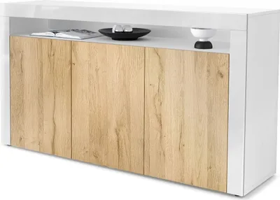 Produktbild von Vladon Sideboard Valencia,  Germany, Kommode mit 3 Türen und 1 offenem Fach, Weiß matt/Eiche Natur/Weiß Hochglanz (155 x 92 x 40 cm)