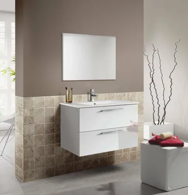 Immagine prodotto di Dmora Mobile Sottolavabo Albino 57x80x45h cm Bianco Lucido, Specchio Incluso 2 Cassetti