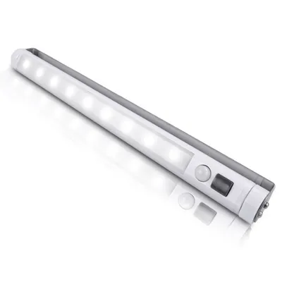 A white LED light bar with motion sensor, shown at an angle on a white background.