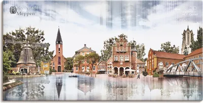 Produktbild von ARTland Leinwandbild Meppen Skyline Abstrakte Collage Größe: 60x30 cm