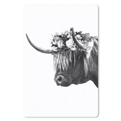 Produktbild von MuchoWow® Mauspad Mousepad Schottischer Highlander mit Blumen - schwarz und weiß 18x27 cm - Mousepads - Maus Mat - Pad - Mausunterlage