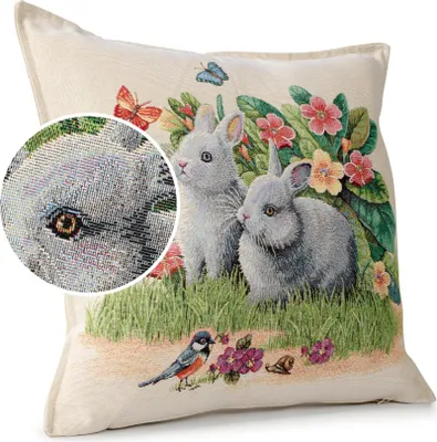 Produktbild von Dekokissen 45x45cm Kissenhülle mit Reißverschluss Sofakissen mit Füllung Kaninchen Gobelin bunt