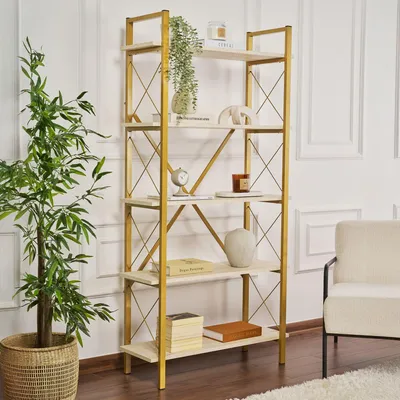 Productafbeelding van Skye Decor, modern boekenkast met metalen frame, travertin en goud, 90 x 180 x 34 cm | 100% melaminecoating op spaanplaat | Wandmontage mogelijk, diverse planken, elegant design.