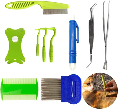 Produktbild von Zeckenentferner Set, 10 Teile, Sicher für Hunde und Katzen, Inklusive Pinzetten und Kämme