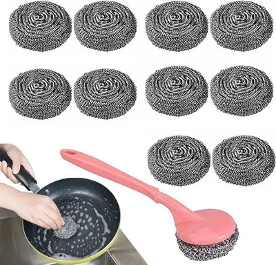 Immagine prodotto di Set di spugne metalliche con manico - Confezione da 10 - Utensili per la pulizia della cucina - Spugne metalliche per pentole, griglie e forni (18 g)