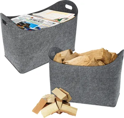 Image de LARS360 2x sacs en feutre Panier à bois pour cheminée Poignées Panier à bois pour bois de cheminée Panier à bois en feutre 5mm Panier à provisions Panier de rangement (55 x 30 x 40 cm, gris clair)