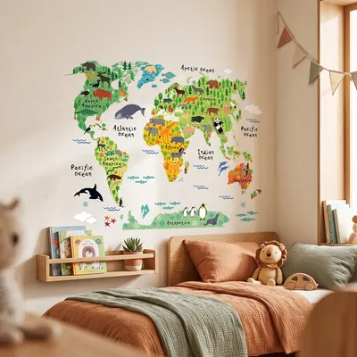 Immagine prodotto di Adesivi murali con mappe del mondo per bambini – Animali del mondo