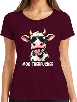 Produktbild von MOO-THERFUCKER lustige Kuh Sonnenbrille Cartoon Bauer Geschenk Damen T-Shirt, Burgundy, L