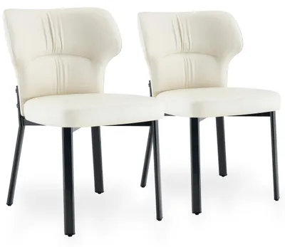 Produktbild von 2er-Set Kunstleder-Esszimmerstühle mit breiter, gebogener Polsterlehne und Metallgestell, Beige