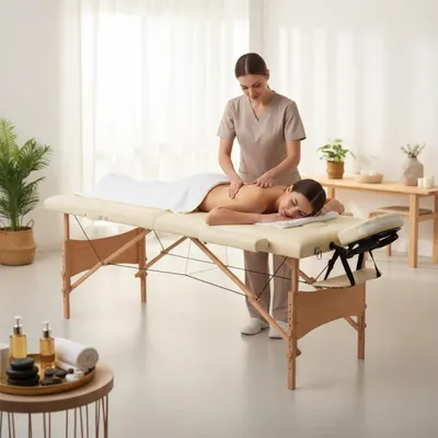 Image de Table de massage 2 zones en bois Crème Banc de thérapie Table cosmétique Pliable Mobile Porter