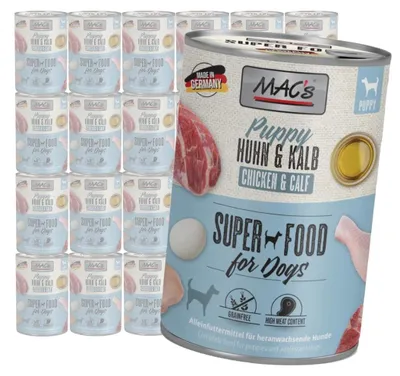 Produktbild von MAC's Welpen-Nassfutter ohne Getreide mit Huhn und Kalb, 24 x 400 g – für gesunde Knochen, Haut und Fell