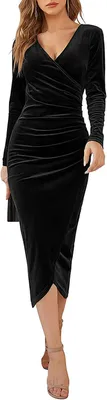 Productafbeelding van Zwarte bodycon jurk voor dames met diepe V-hals en lange mouwen, geschikt voor feest en cocktail