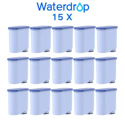 A collection of 15 water filters arranged in rows on a white background.