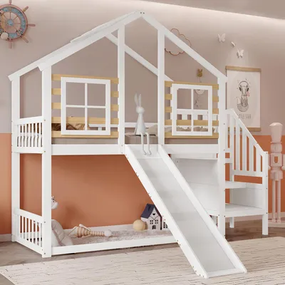 Produktbild von Merax Etagenbett 90x200 cm mit Rutsche, Gitter & Fenster, Blockhaus Kinderbett aus Massivholz mit Treppe,, sicheres Spielbett, Weiß