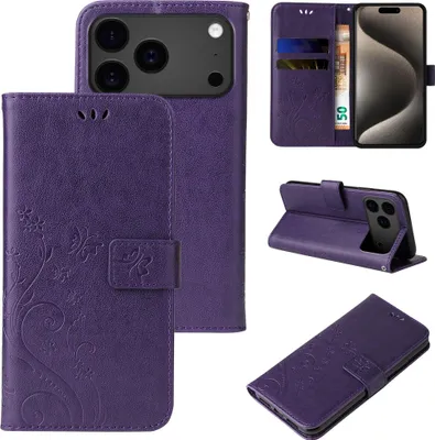 Produktbild von Handyhülle für Apple iPhone 17 Pro Floral Blumen Schmetterling Flip Cover Hülle Case Klapphülle Handytasche Farbe: Violett