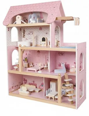 Imagen del producto de Casa de muñecas de madera, con 4 plantas, 6 habitaciones y terraza con piscina, que incluye 33 muebles realistas y 2 escaleras. Es una villa de ensueño para niños a partir de 3 años (color rosa)