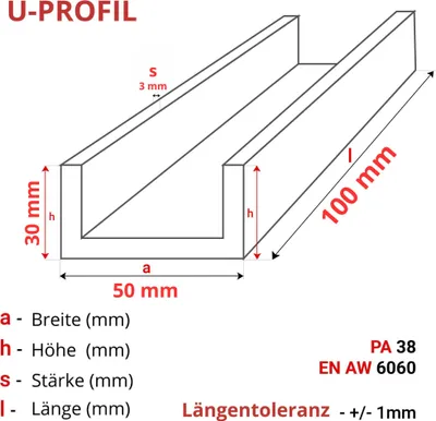 Produktbild von ALUMINIUM U-PROFIL 30x50x30x3 mm 10 cm ALUMINIUM PA38 + ZUSCHNITT NACH MASS
