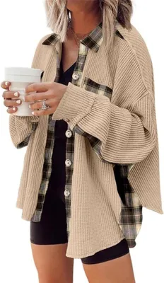 Image de ASKSA Femme Chemisier en tricot gaufré Spleissen Veste-chemise Bouton Down Chemise décontractée Oversize Cardigan, Abricot, 2XL