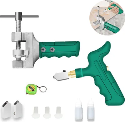 A collage of images showing a glass and tile cutter set with various accessories.