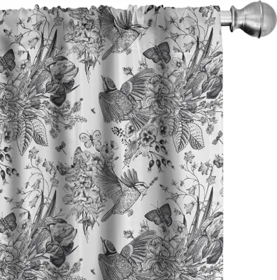 Zdjęcie produktu dla ABAKUHAUS Zasłony kwiatowe, firanki, szczegółowy grawerunek, motyw wiosenny, szkic motyla, kwiaty, liście, nadruk, 2 sztuki, 75 x 225 cm, kolor grafitowy i biały