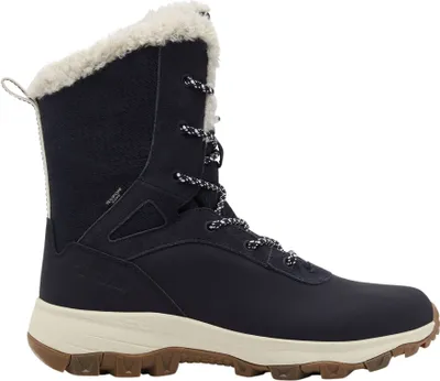 A single dark blue winter boot with white fur lining and a brown sole, shown from the side against a white background.