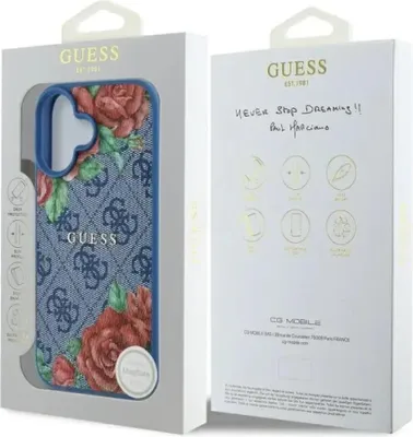 Produktbild von Guess GUHMP16SP4ROPEMCB iPhone 16 6.1 blau/blau Hartschalenetui 4G Blumenmuster MagSafe